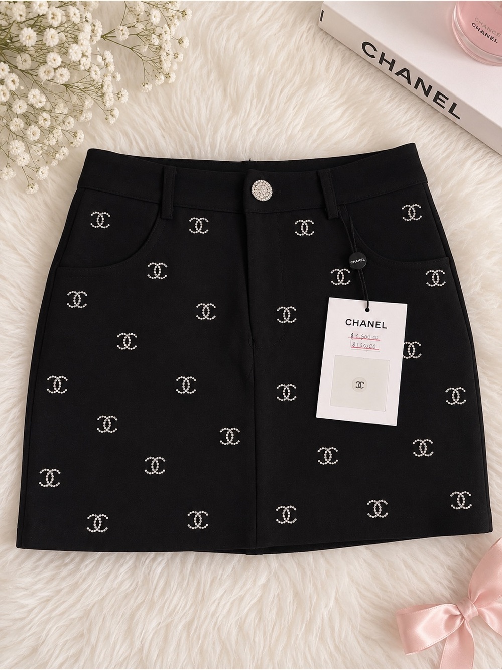 Black Mini Skirt with Pearl CC Embellishments